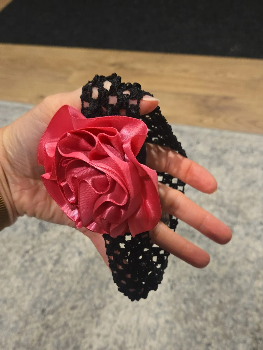 Baby Girl Black Crochet Headband with Pink Satin Flower